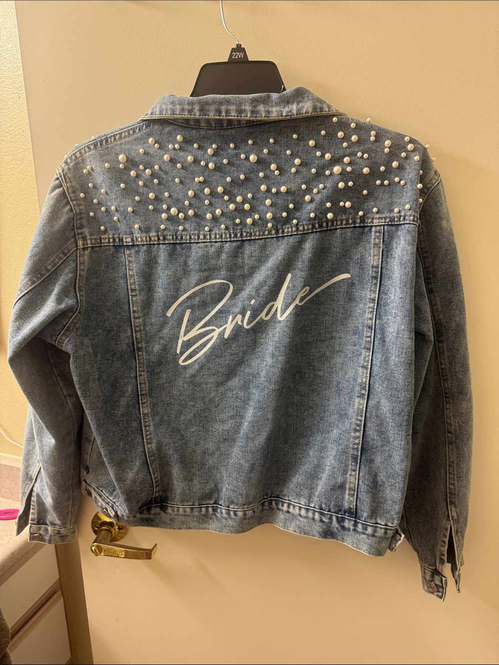 David's Bridal Light Blue Pearl-Embellished 'Bride' Denim Jacket